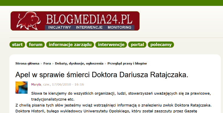 Apel w sprawie śmierci Doktora Dariusza Ratajczaka – blogmedia24.pl